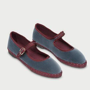 Flabelus Georgina - New Grey Velvet Mary Janes with Burgundy Trim Size 41